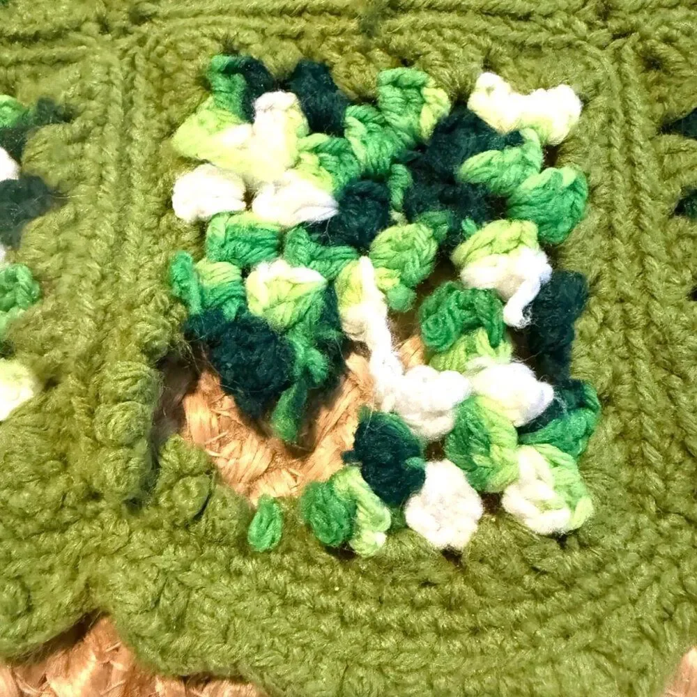 Handmade Vintage Crochet Wool Afghan Granny Square Throw Blanket Green 42”x 72”